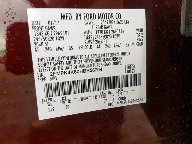 2FMPK4K80HBB58704 - 2017 FORD EDGE TITAN MAROON photo 10