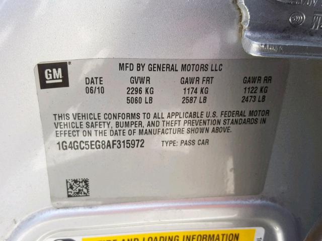 1G4GC5EG8AF315972 - 2010 BUICK LACROSSE C SILVER photo 10