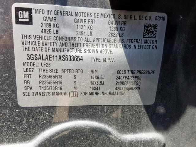 3GSALAE11AS603654 - 2010 SATURN VUE XE GRAY photo 10