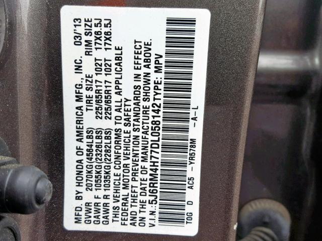 5J6RM4H77DL058142 - 2013 HONDA CR-V EXL BROWN photo 10