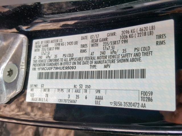 1FMCU0F79HUE95093 - 2017 FORD ESCAPE S BLACK photo 10