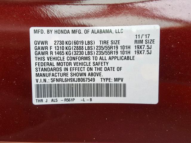 5FNRL6H9XJB067549 - 2018 HONDA ODYSSEY EL RED photo 10