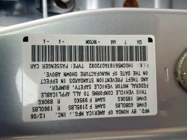 1HGCM56197A072092 - 2007 HONDA ACCORD VAL SILVER photo 10