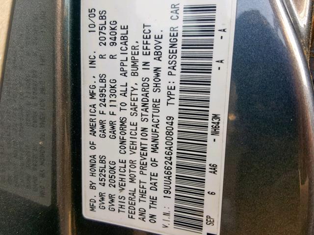 19UUA66246A008049 - 2006 ACURA 3.2TL BLUE photo 10