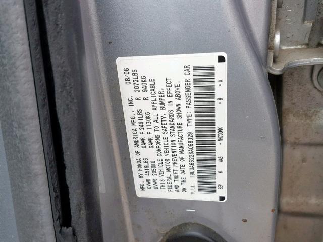 19UUA66226A068329 - 2006 ACURA 3.2TL SILVER photo 10