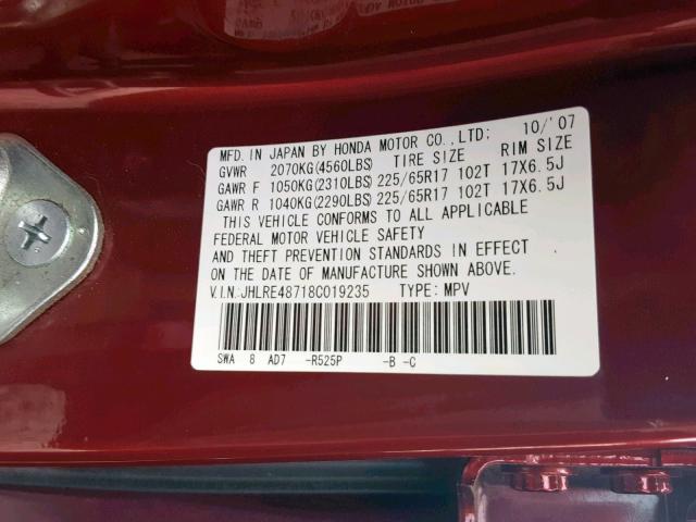 JHLRE48718C019235 - 2008 HONDA CR-V EXL RED photo 10