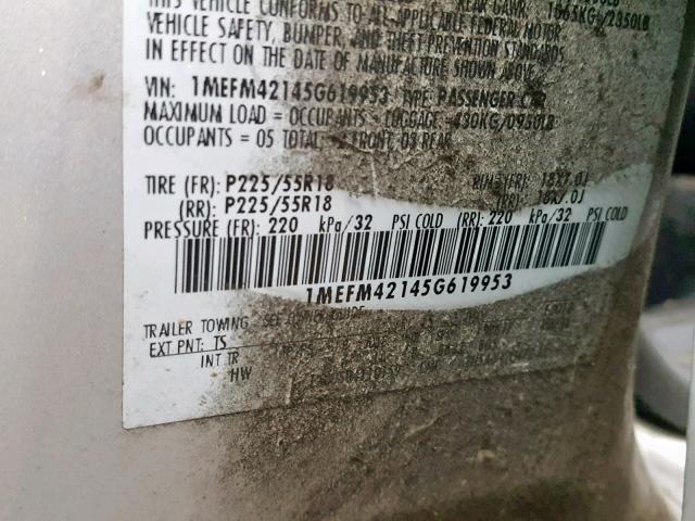 1MEFM42145G619953 - 2005 MERCURY MONTEGO PR 银色 照片 10