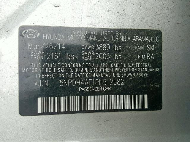 5NPDH4AE1EH512582 - 2014 HYUNDAI ELANTRA SE SILVER photo 10