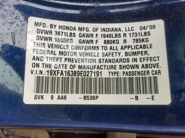 19XFA16389E027191 - 2009 HONDA CIVIC VP BLUE photo 10