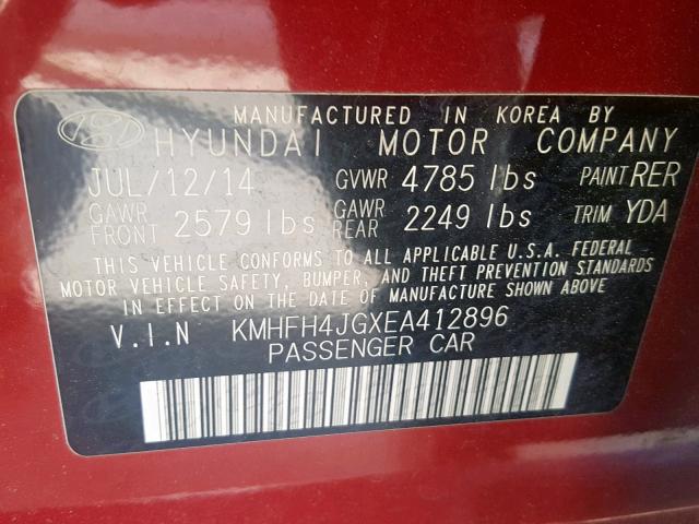 KMHFH4JGXEA412896 - 2014 HYUNDAI AZERA GLS RED photo 10