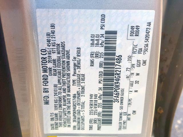 3FA6P0K94GR217486 - 2016 FORD FUSION TIT SILVER photo 10