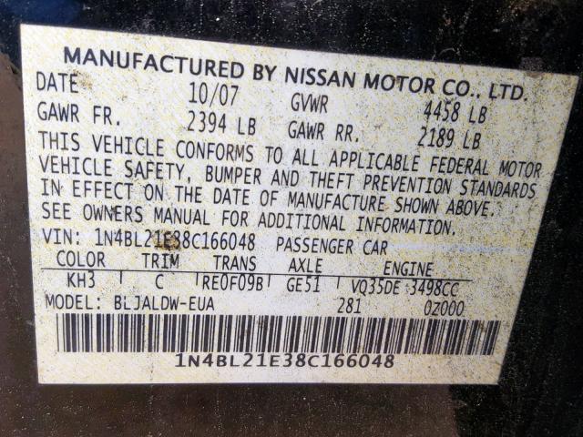 1N4BL21E38C166048 - 2008 NISSAN ALTIMA 3.5 BLACK photo 10