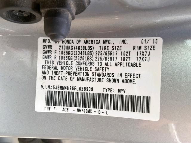 5J6RM4H76FL028939 - 2015 HONDA CR-V EXL SILVER photo 10