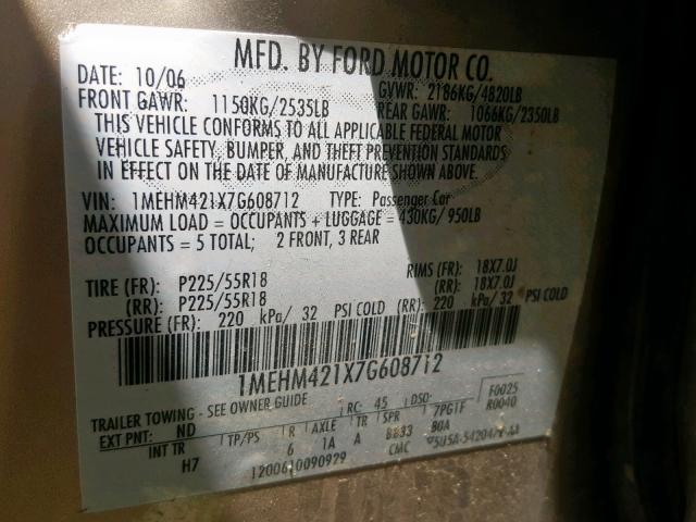 1MEHM421X7G608712 - 2007 MERCURY MONTEGO PR თაფლისფერი ფოტო 10