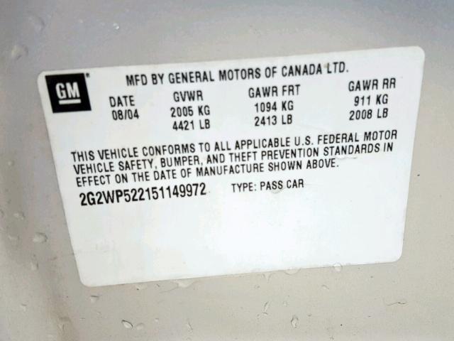 2G2WP522151149972 - 2005 PONTIAC GRAND PRIX Արծաթագույն լուսանկար 10