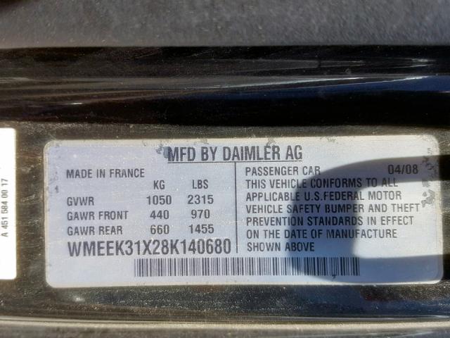 WMEEK31X28K140680 - 2008 SMART FORTWO PAS 蓝色 照片 10