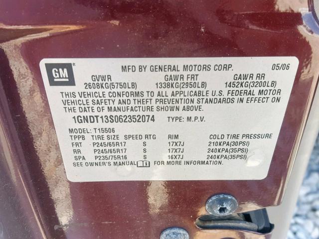 1GNDT13S062352074 - 2006 CHEVROLET TRAILBLAZE BURGUNDY photo 10