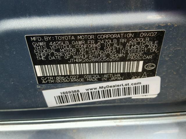 JTHBK262885056255 - 2008 LEXUS IS 250 BLUE photo 10