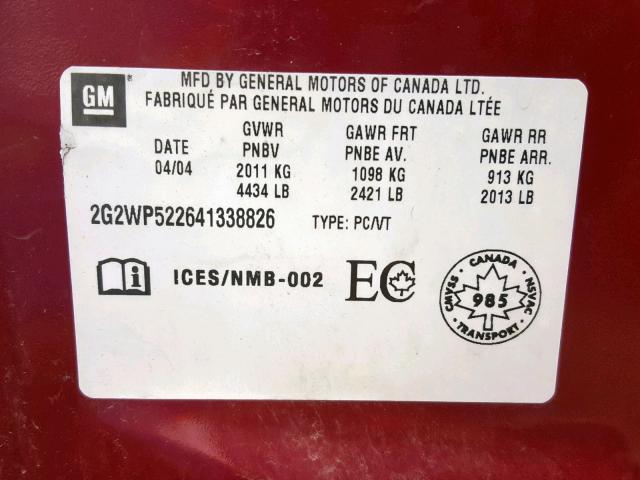 2G2WP522641338826 - 2004 PONTIAC GRAND PRIX RED photo 10