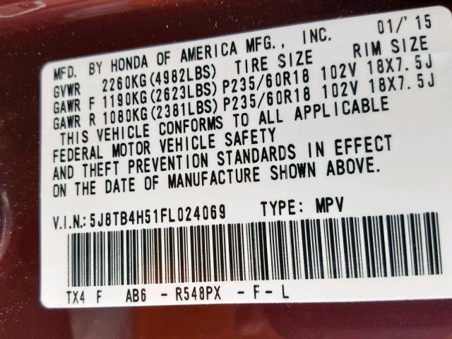 5J8TB4H51FL024069 - 2015 ACURA RDX TECHNO MAROON photo 10