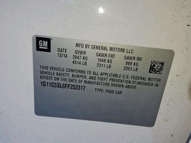 1G11C5SL6FF252317 - 2015 CHEVROLET MALIBU 1LT 白色 照片 10