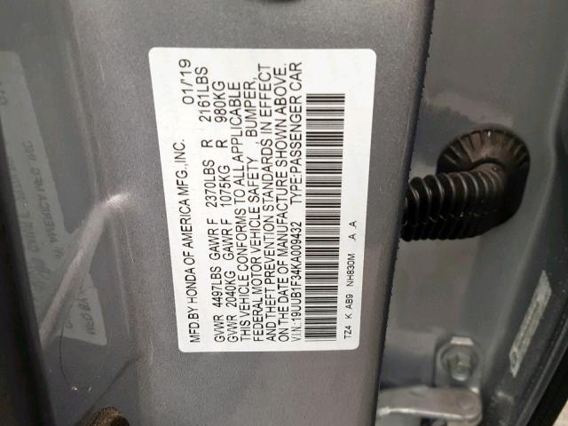 19UUB1F34KA009432 - 2019 ACURA TLX SILVER photo 10