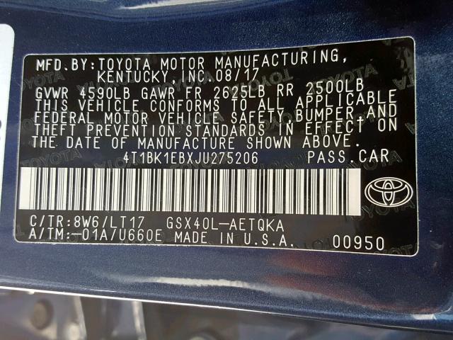 4T1BK1EBXJU275206 - 2018 TOYOTA AVALON XLE BLUE photo 10