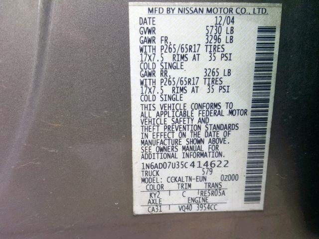 1N6AD07U35C414622 - 2005 NISSAN FRONTIER C BLUE photo 10