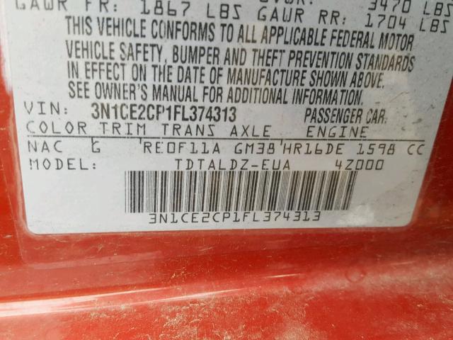 3N1CE2CP1FL374313 - 2015 NISSAN VERSA NOTE RED photo 10