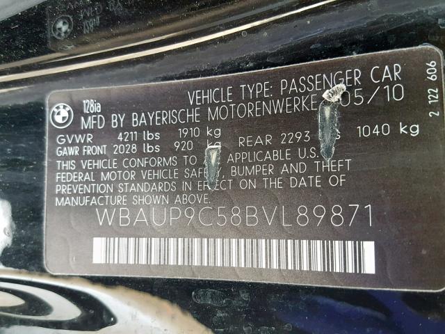 WBAUP9C58BVL89871 - 2011 BMW 128 I BLACK photo 10