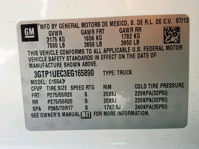 3GTP1UEC3EG165890 - 2014 GMC SIERRA C15 WHITE photo 10