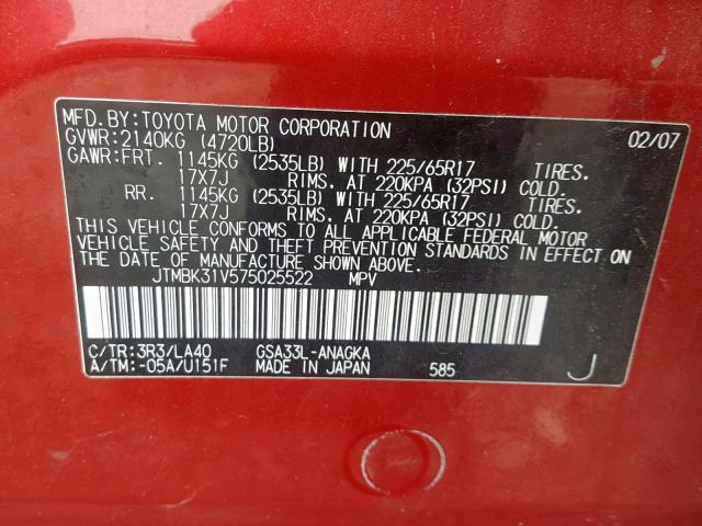 JTMBK31V575025522 - 2007 TOYOTA RAV4 LIMIT RED photo 10