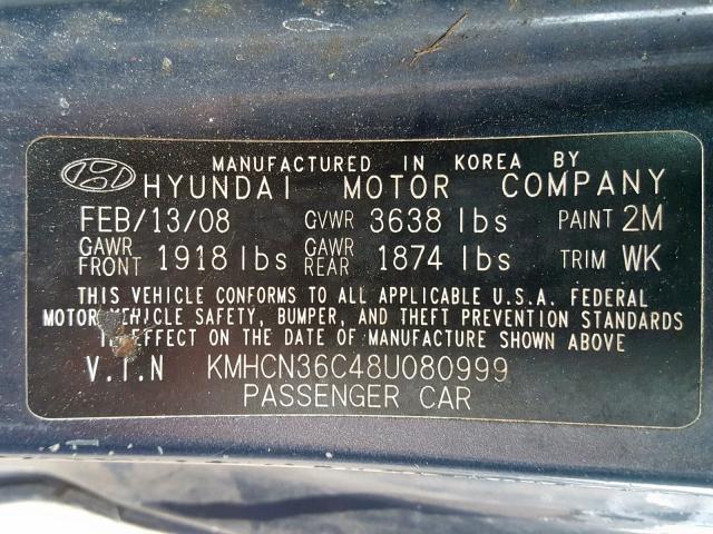 KMHCN36C48U080999 - 2008 HYUNDAI ACCENT SE BLUE photo 10