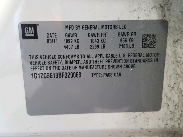 1G1ZC5E13BF320063 - 2011 CHEVROLET MALIBU 1LT თეთრი ფოტო 10