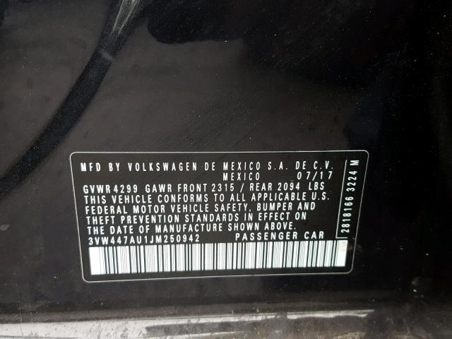 3VW447AU1JM250942 - 2018 VOLKSWAGEN GTI S/SE BLACK photo 10