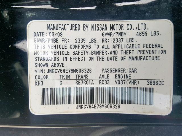 JNKCV64E79M606326 - 2009 INFINITI G37 BASE BLACK photo 10