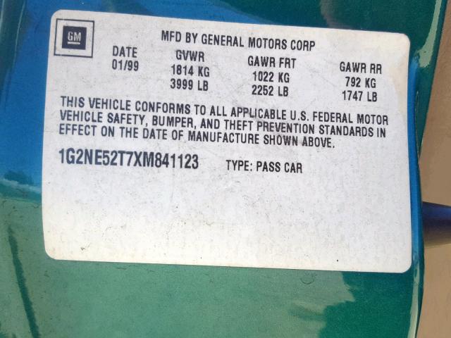 1G2NE52T7XM841123 - 1999 PONTIAC GRAND AM S GREEN photo 10