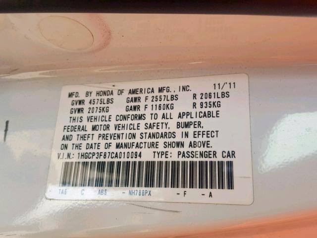 1HGCP3F87CA010094 - 2012 HONDA ACCORD EXL WHITE photo 10