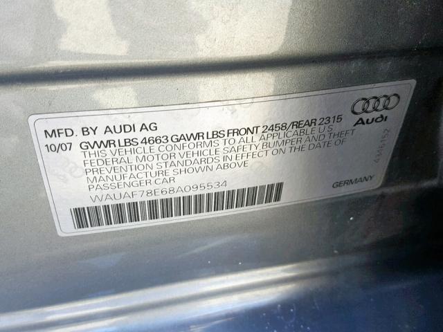 WAUAF78E68A095534 - 2008 AUDI A4 2.0T SILVER photo 10