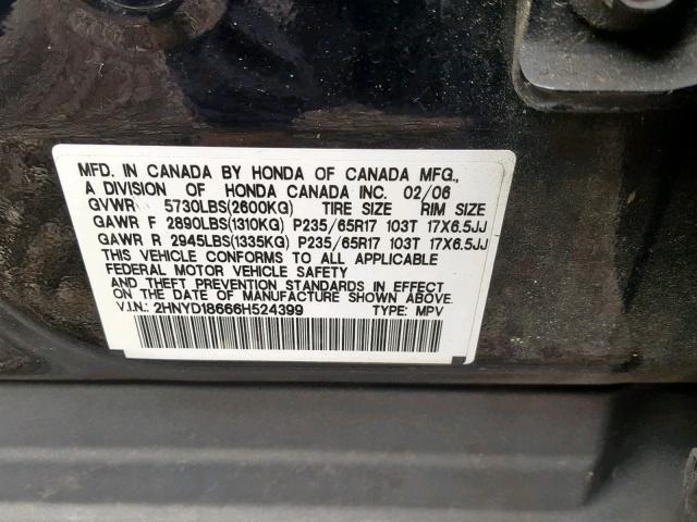 2HNYD18666H524399 - 2006 ACURA MDX TOURIN BLACK photo 10