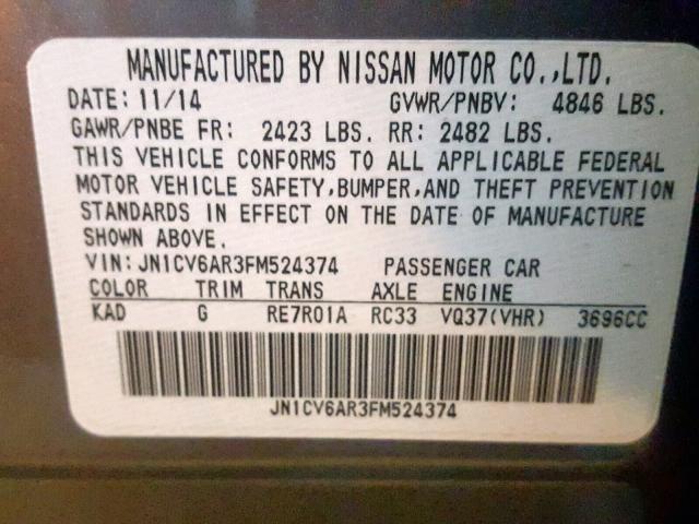 JN1CV6AR3FM524374 - 2015 INFINITI Q40 GRAY photo 10