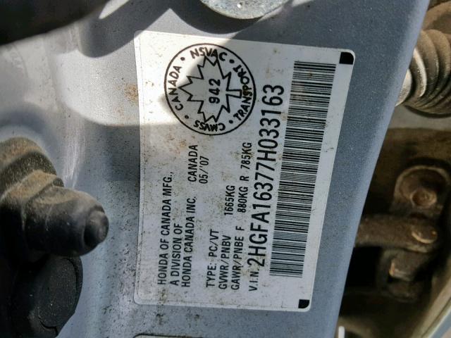 2HGFA16377H033163 - 2007 HONDA CIVIC DX SILVER photo 10