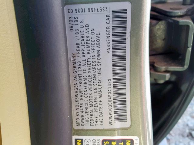 WVWPD63B04P041339 - 2004 VOLKSWAGEN PASSAT GLS GREEN photo 10