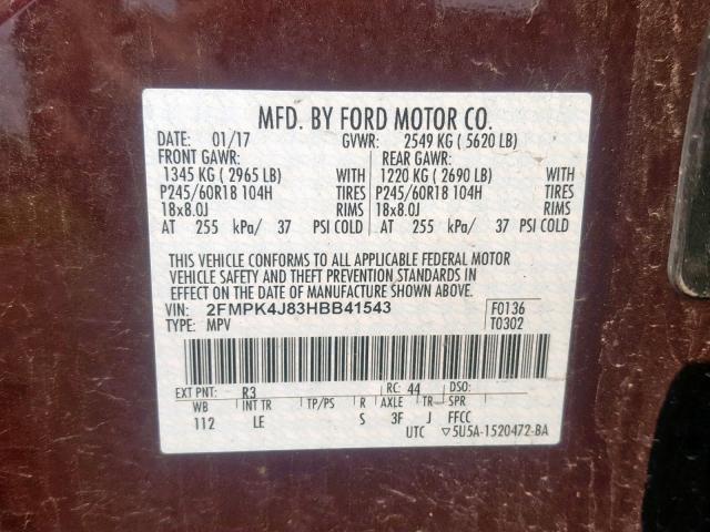 2FMPK4J83HBB41543 - 2017 FORD EDGE SEL PURPLE photo 10