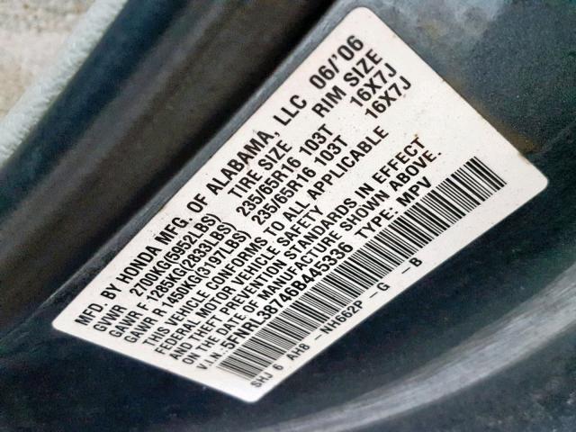 5FNRL38746B445336 - 2006 HONDA ODYSSEY EX BLUE photo 10