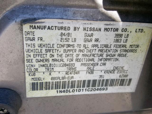 1N4DL01D11C204693 - 2001 NISSAN ALTIMA XE GRAY photo 10