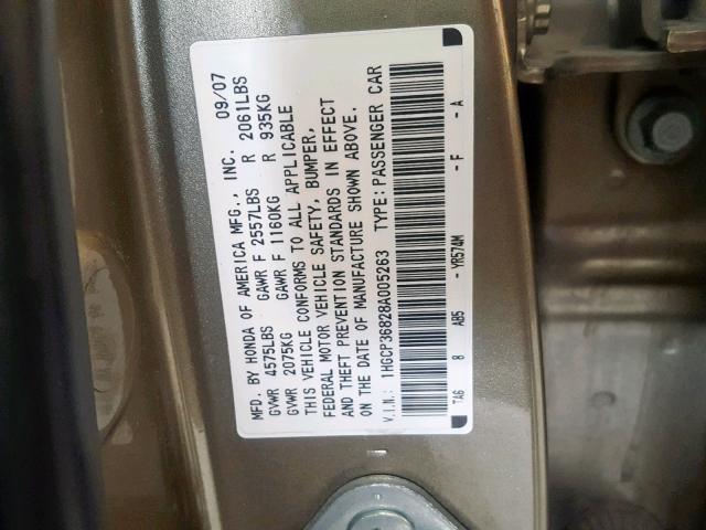 1HGCP36828A005263 - 2008 HONDA ACCORD EXL GOLD photo 10