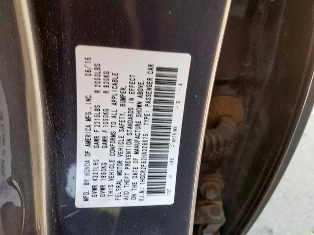 1HGCR2F82HA028675 - 2017 HONDA ACCORD EXL GRAY photo 10