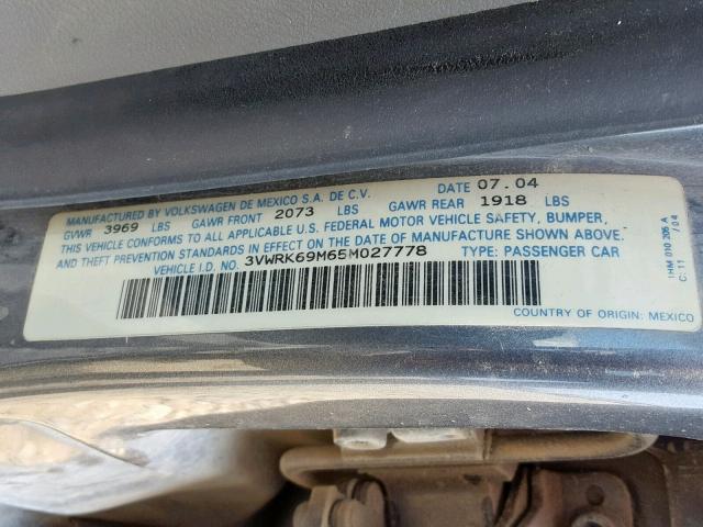 3VWRK69M65M027778 - 2005 VOLKSWAGEN JETTA GL GRAY photo 10