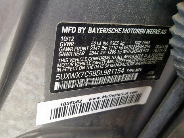 5UXWX7C58DL981154 - 2013 BMW X3 XDRIVE3 GRAY photo 10